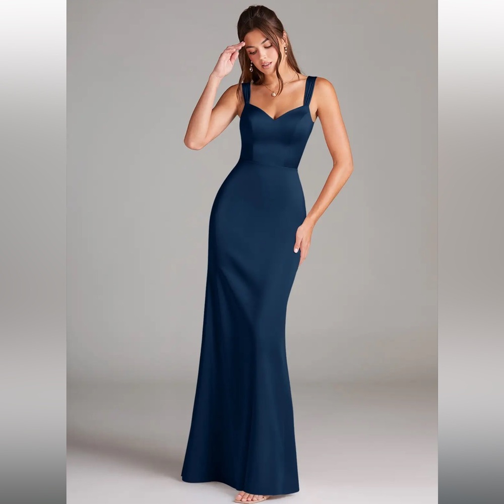 Azazie Denice - Dark Navy Sheath Pleated Stretch Satin Dress
